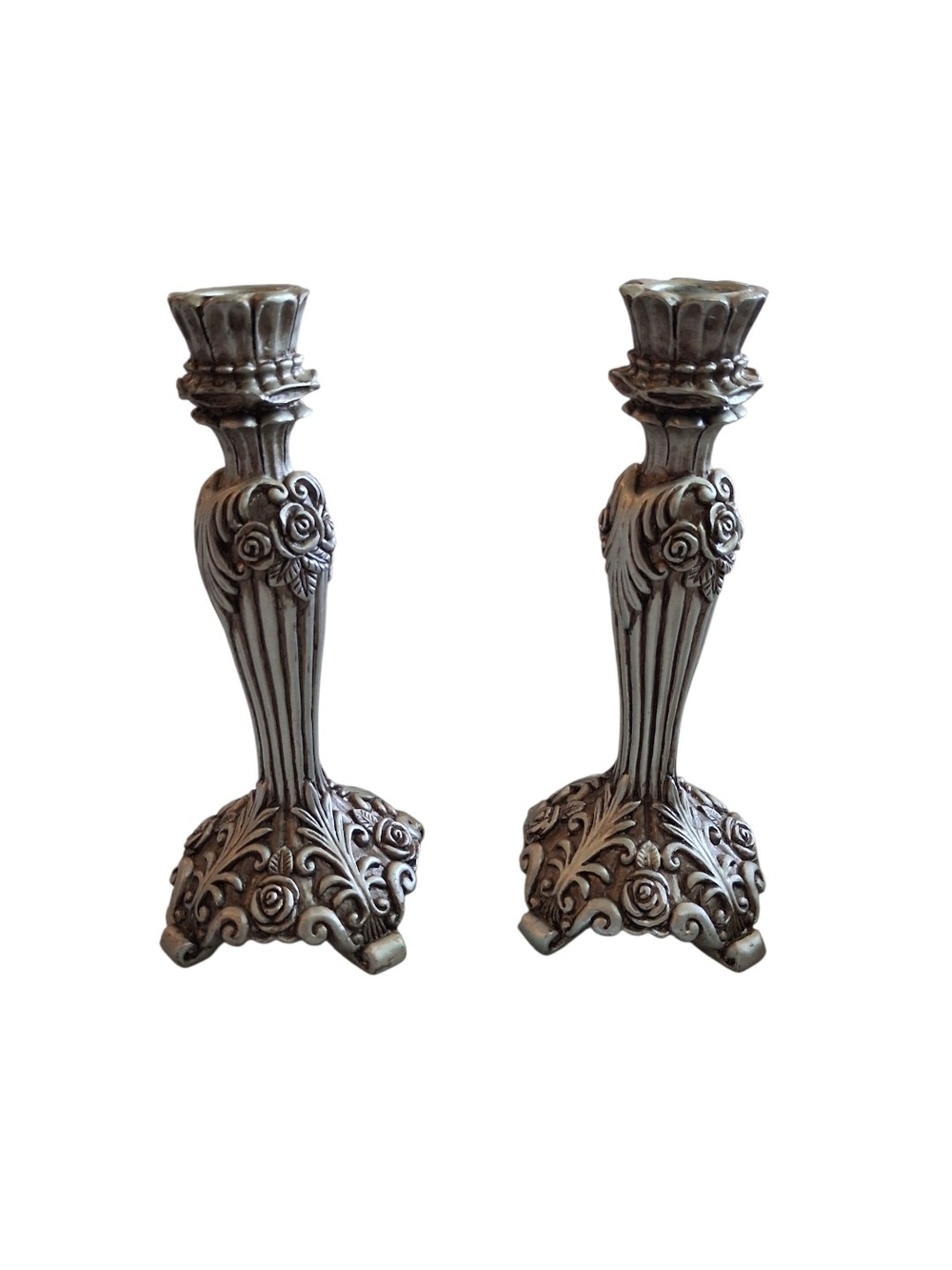 Elegant Silver Color Rose Pillar Candle Holders - Set of 2